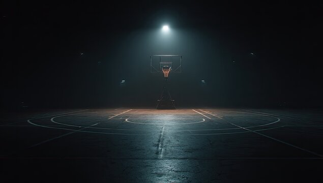 An empty basketball court bathed in a single spotlight creates a dramatic and atmospheric scene, evoking a sense of solitude and anticipation.