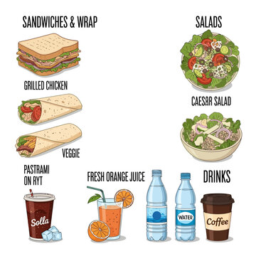 A colorful illustration of various food and drink options on a white background