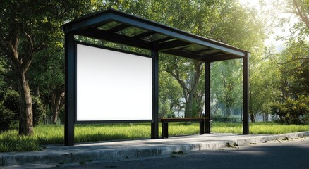 Fototapeta premium A modern bus stop shelter stands prominently in a lush green park setting, offering a blank advertising space and a place for commuters to rest.