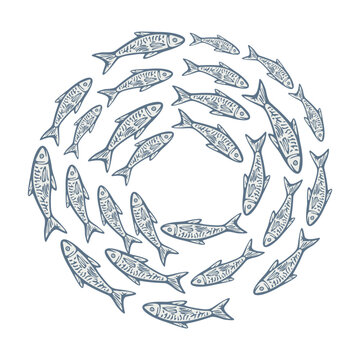 School of fishes. Elegant vector hand-drawn illustration. Blue color