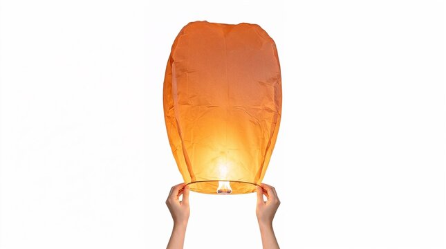Person holding an orange sky lantern before release in evening light  