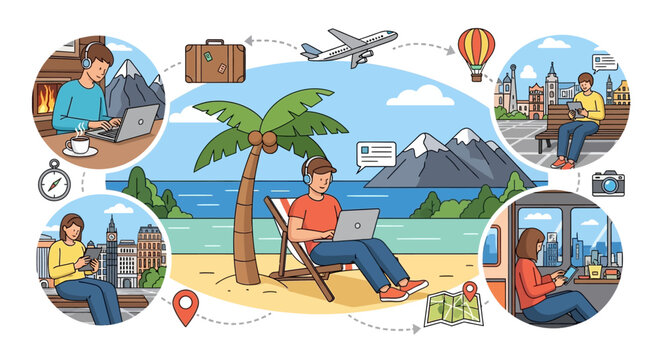 Remote work and digital nomad lifestyle at a tropical beach resort with travel and communication icons.