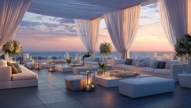 A luxurious rooftop lounge area with white furniture, flowing curtains, and a stunning ocean sunset view creates an atmosphere of elegance and relaxation.