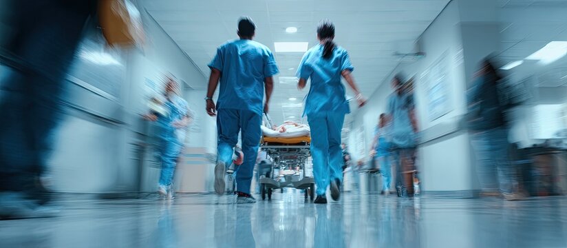A blurred image depicts medical personnel rushing a patient down a hospital hallway on a gurney.