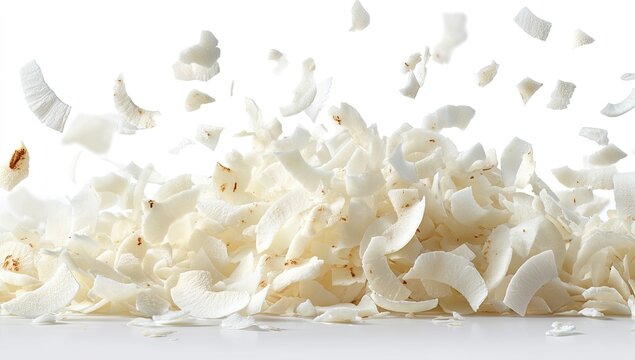 A dynamic burst of shredded coconut flakes is captured mid-air against a clean white background.
