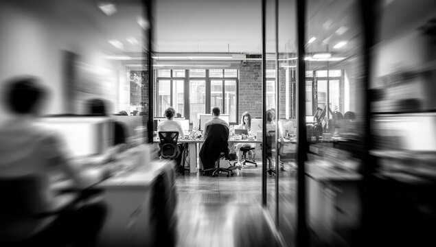 A black and white photograph captures a bustling office environment with blurred figures and a focus on a group of individuals working at their desks.