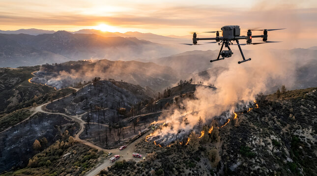 Drone Surveillance Over Wildfire: A high-tech drone soars above a raging wildfire, equipped with advanced sensors and cameras.