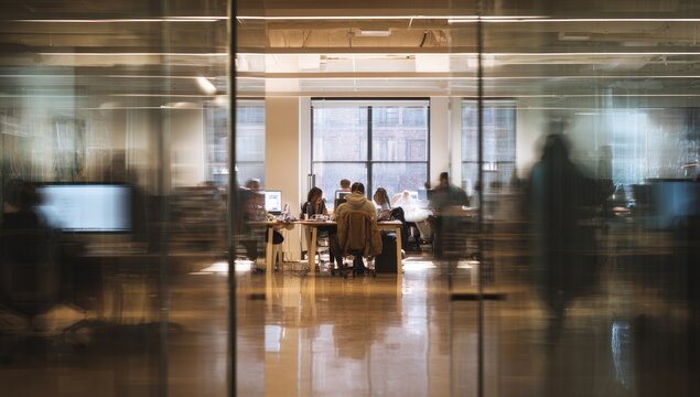 A blurred view through glass showcases a modern office space with employees working collaboratively at desks near a large window.