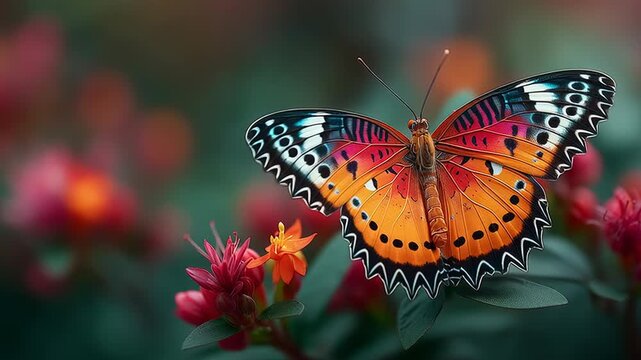 Vibrant butterfly on red blossoms