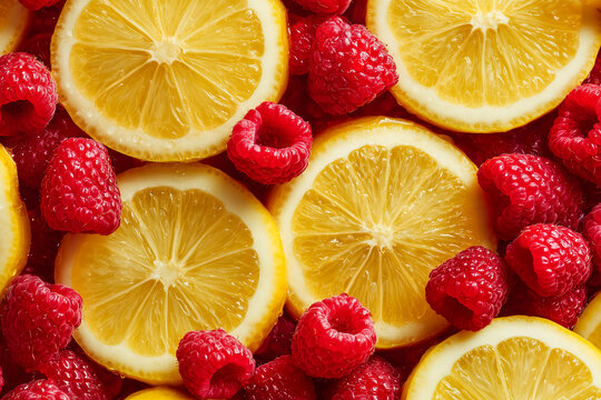 Vibrant flat lay of fresh yellow lemon slices and ripe red raspberries. Bright citrus and berry background with natural sunlight, perfect for summer food and healthy lifestyle themes