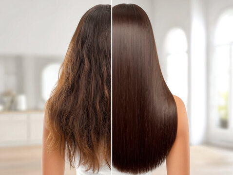 Visual comparison of a woman's long brown hair before and after professional keratin treatment, showing transformation from frizzy, damaged strands to smooth, shiny, and healthy locks