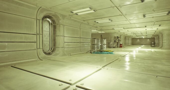 empty spaceship corridor with porthole, reflective metal panels and distant maintenance storage, clean sterile atmosphere, fluorescent lights, wide walkway