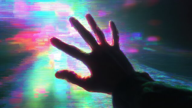 Hand Reaching Towards Vibrant Abstract Light Streaks.