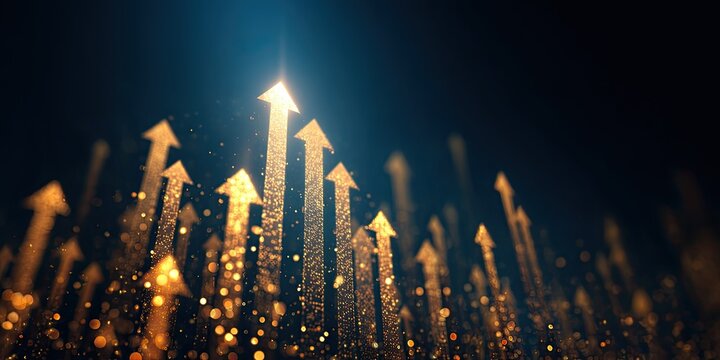 A dynamic abstract image showcases a multitude of golden arrows ascending against a deep blue background, symbolizing growth, progress, and upward trajectory.