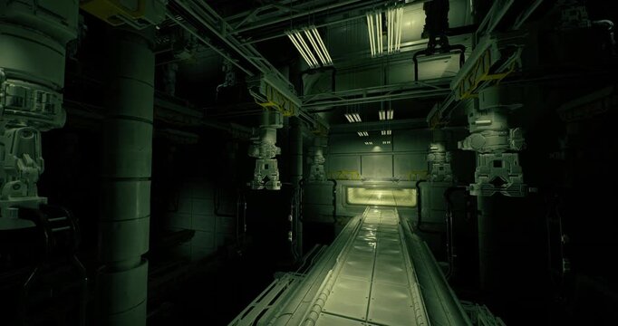 dark industrial tunnel with green lighting, dense piping and machinery lining narrow walkway, heavy shadow, damp surfaces and moody atmosphere