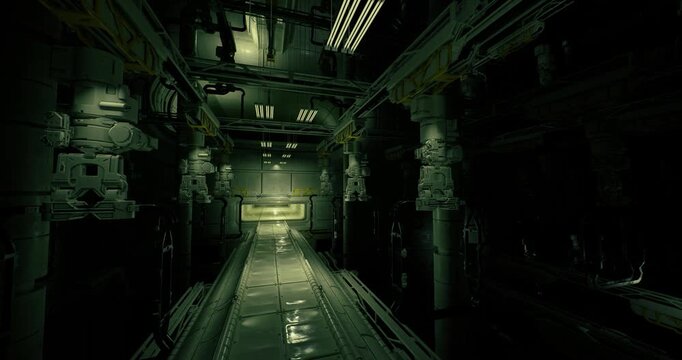 glowing reactor corridor with machinery and support columns, core pulse visible through inspection port, maintenance robotics calibrating sensors, heat shimmer
