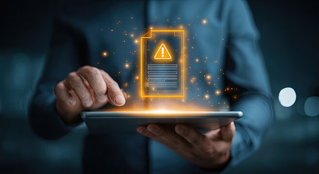 A person interacts with a digital tablet displaying a warning document with an exclamation point.