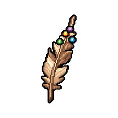 Fototapeta premium A pixel art feather in shades of light brown is adorned with five vibrant, colorful beads, creating a unique and decorative item icon.