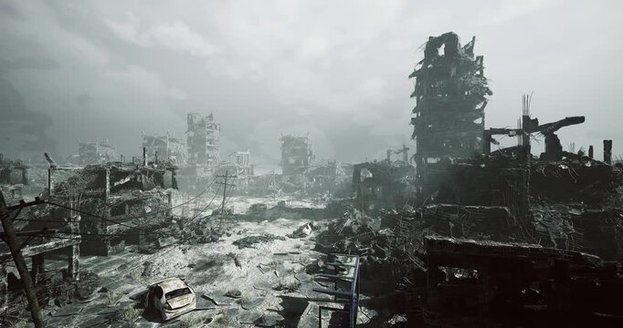 flooded urban wasteland during heavy cloud cover, submerged streets cut by twisted metal and cracked pavement, distant towers pierce murky sky, abandoned