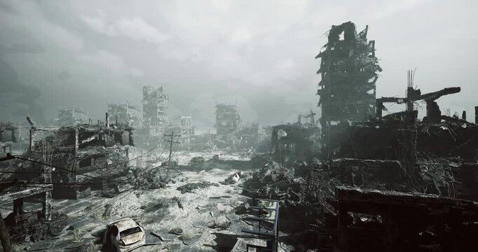 foreground wreck and twisted metal opening onto ruined horizon, shallow puddles and cracked earth mirror heavy clouds, composition evokes salvage mission