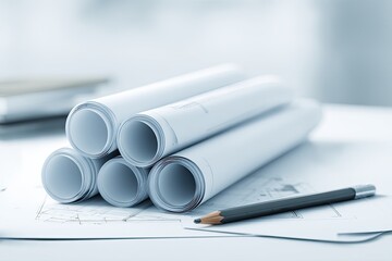 Fototapeta premium A stack of architectural blueprints and a pencil rest on a light-colored surface, suggesting design and planning.