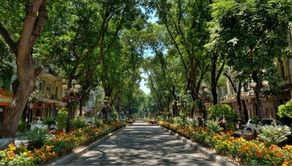 Fototapeta premium A vibrant, sun-drenched urban avenue is lined with lush green trees and colorful flowerbeds, creating a picturesque and inviting scene.