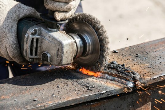 Metalworker using an angle grinder with a wire brush wheel to clean a weld joint on a steel beam
