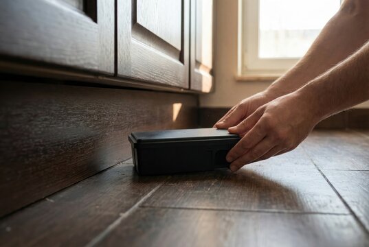 Person hands placing a black plastic rodent bait station trap on the floor next to kitchen cabinets
