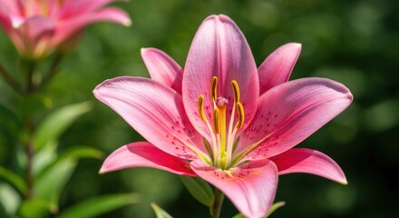 Fototapeta premium Close-up of a vibrant pink lily, detailed with yellow stamen, against a green background