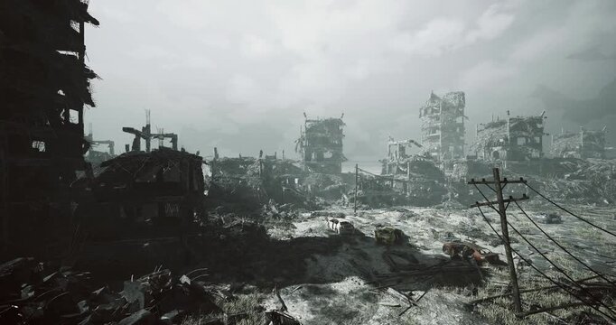 barren dustchoked wasteland with distant monolithic towers under heavy haze, cracked ground and muted light evoke longterm abandonment ideal for climate