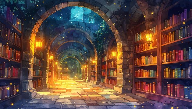 光に照らされた幻想的な図書館の通路と本棚が並ぶ静寂な空間が広がる美しい情景