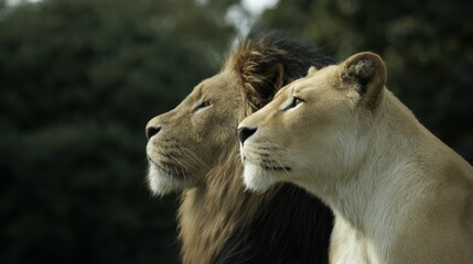 Obraz premium Regal pair, a lion and lioness, profile shot, set against a blurred green backdrop