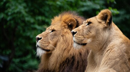 Fototapeta premium A regal lion and lioness stand together, heads turned, in a moment of tranquil observation