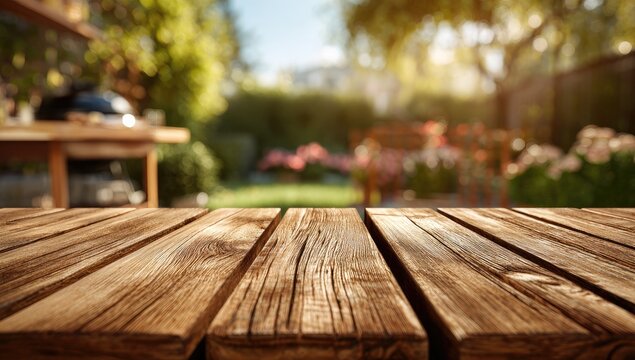 A wooden table overlooks a blurred backyard scene with greenery and a grill.