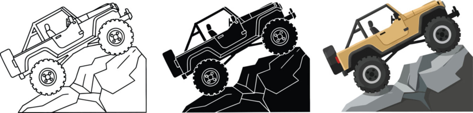 Off-road vehicle climbing rocks vector illustration set for adventure and extreme sports concepts