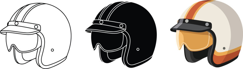 Collection of retro motorcycle helmets line art silhouette and full color vector illustrations for design © Ahmad