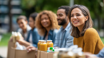 Obraz premium Faceless diverse group of friends and volunteers outdoors discussing donations, charity, food aid, and poverty relief in a community outreach and NGO teamwork concept. Defocused