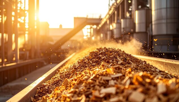 工場のライン上に積まれた木材チップが夕日に照らされる産業風景の一場面