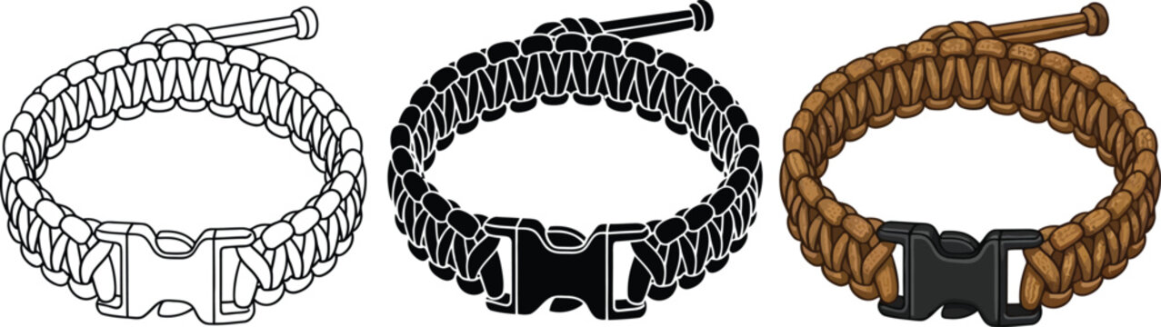 Collection of paracord bracelets including line art silhouette and colored versions for outdoor adventure and survival gear design