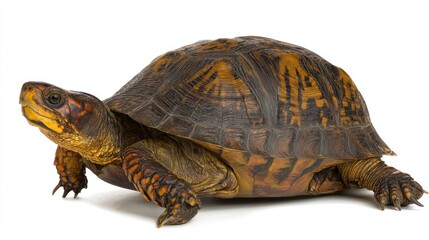 Obraz premium A side view portrait of a box turtle against a white background, highlighting shell details