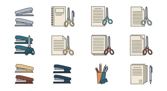Office supplies on white background.