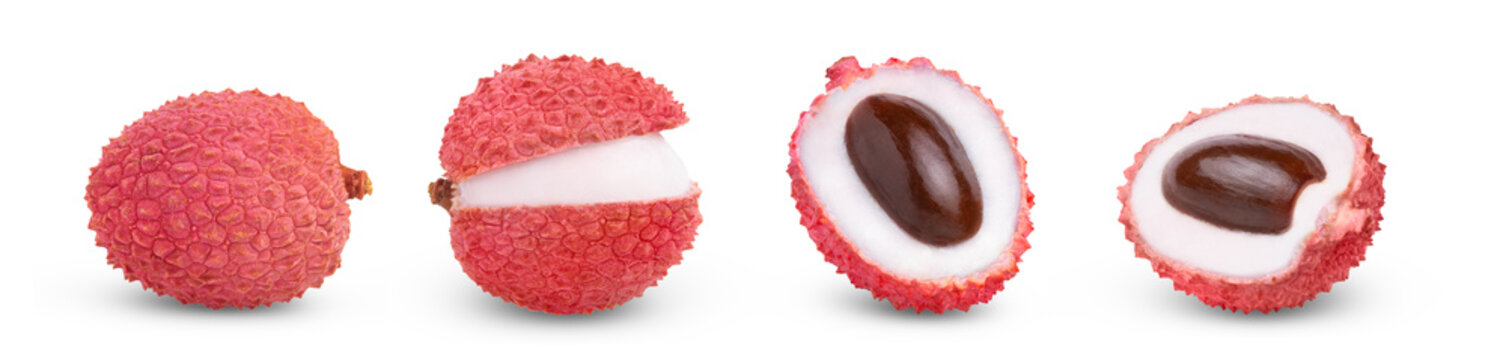 Lychees set. Pink juicy whole lychee and peeled half of lychee with seed isolated.
