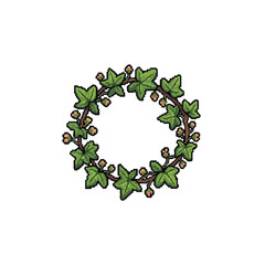 Fototapeta premium This vector illustration features a circular wreath composed of green, lobed leaves and delicate orange buds on a brown vine.