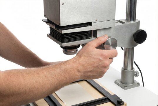 Person adjusting the focus dial on a vintage photographic enlarger for darkroom printing
