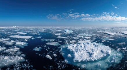 Fototapeta premium A vast expanse of Arctic sea is dotted with fragmented ice floes under a bright blue sky.