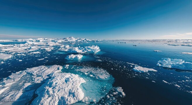 An aerial view showcases a vast expanse of icy waters and fragmented ice floes under a clear blue sky.