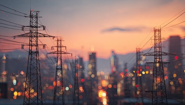 A striking image captures a network of power lines silhouetted against a vibrant sunset sky, with a blurred cityscape visible in the background, creating a sense of urban infrastructure 