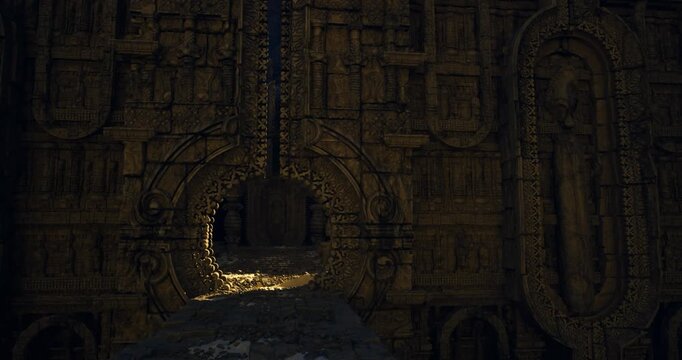 shadowed carved corridor with circular alcove illuminated by slanting light, intricate motifs on walls, atmosphere of silent ritual and possible guardian