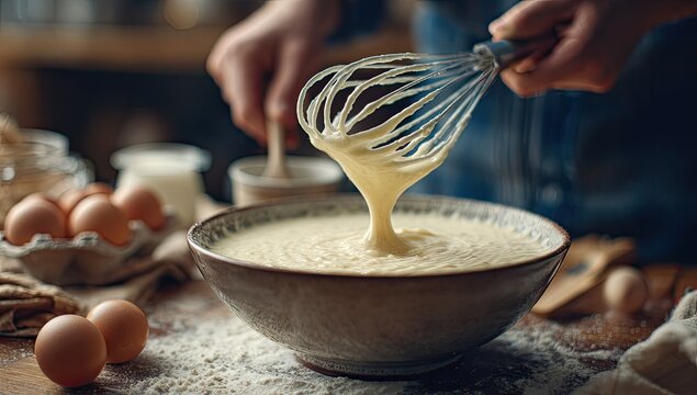 A person whisks a creamy batter in a rustic bowl, surrounded by baking ingredients.