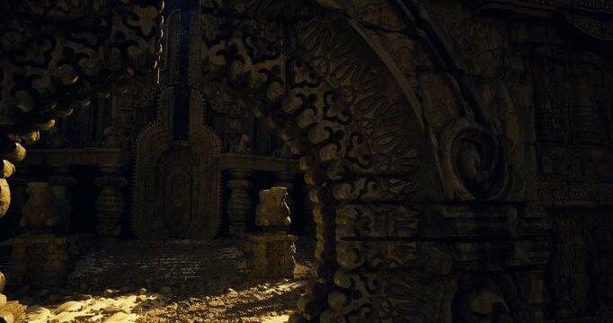 narrow archway with golden path illuminated by shaft of light, carved reliefs framing passage, coins creating shimmering trail, hushed sacred mood, sense